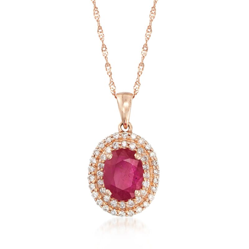 1.60 Carat Ruby and .30 ct. t.w. Diamond Double Halo Pendant Necklace in 14kt Rose Gold. 18&quot; image number 1