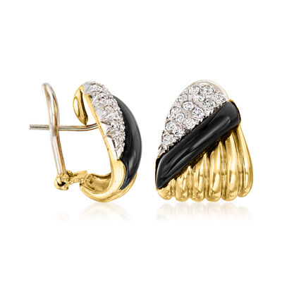 C. 1980 Vintage Onyx and .85 ct. t.w. Diamond Curved Earrings in 18kt Yellow Gold