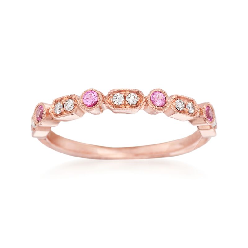 Henri Daussi 14kt Rose Gold Wedding Ring with Diamond and Pink Sapphire Accents image number 0