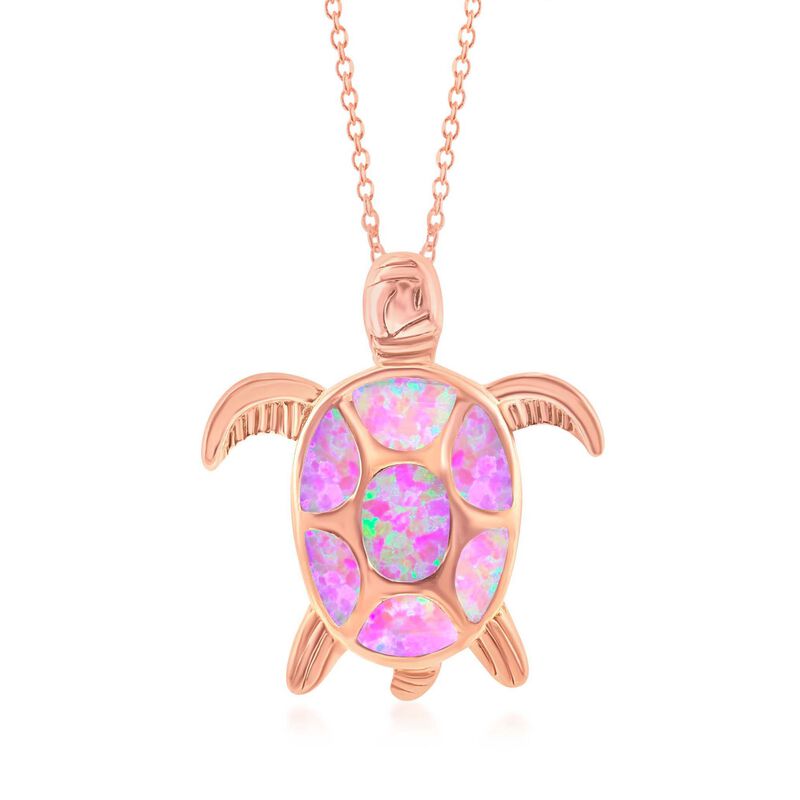 Pink Synthetic Opal Sea Turtle Pendant Necklace in 18kt Rose Gold Over Sterling. 18&quot; image number 0