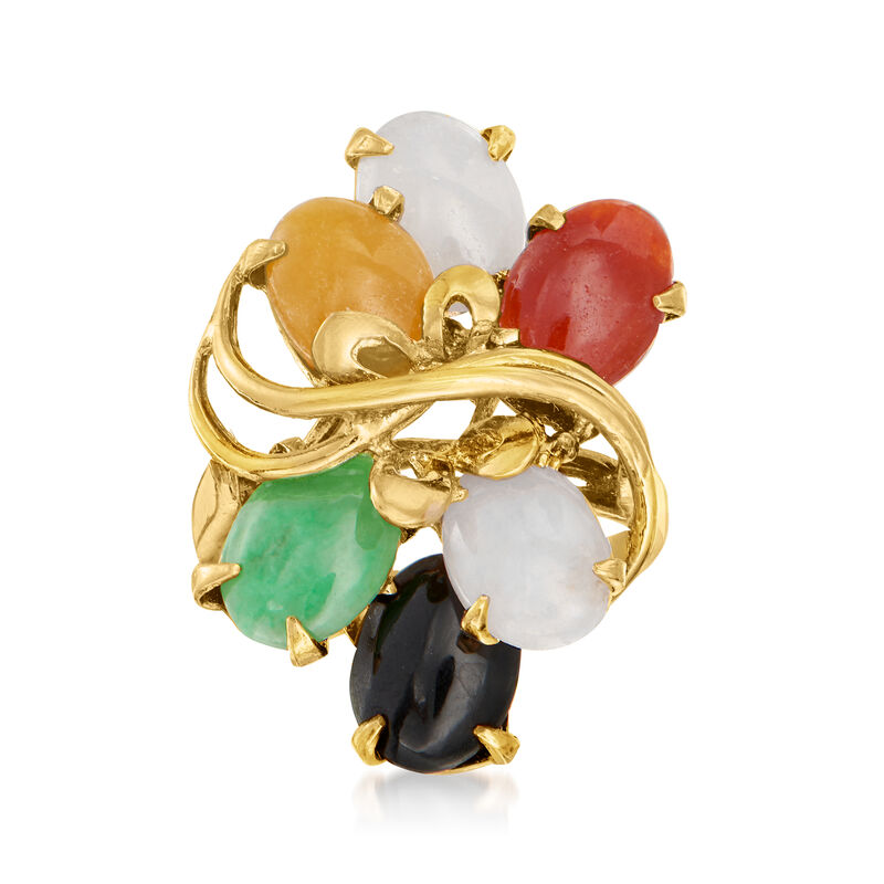 C. 1980 Vintage Multicolored Jade Cluster Ring in 14kt Yellow Gold. Size 5 image number 0