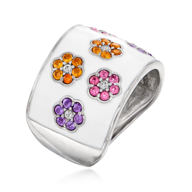 5.10 ct. t.w. Multi-Gemstone and White Enamel Flower Ring in Sterling Silver image number 1