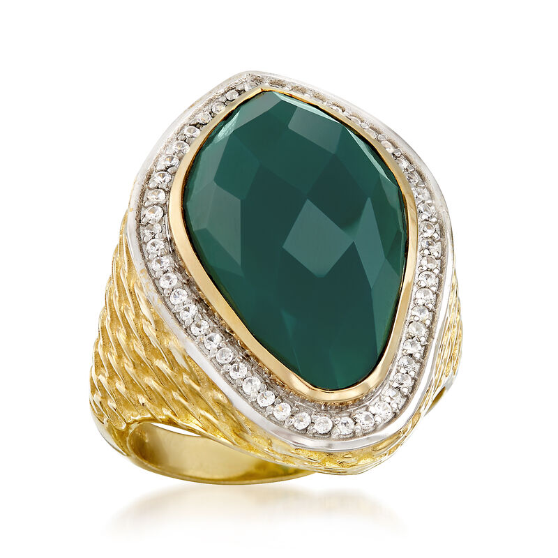 Green Chalcedony and .30 ct. t.w. White Zircon Ring in 18kt Gold Over Sterling image number 3