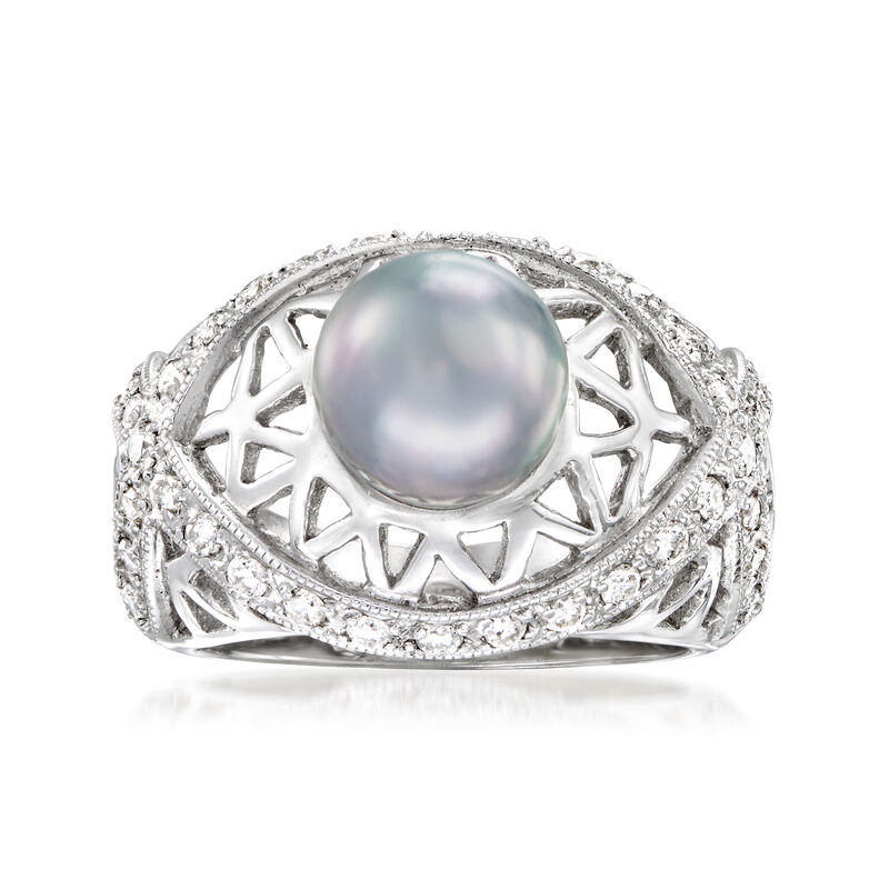 C. 1990 Vintage 8.8mm Cultured Gray Pearl and .75 ct. t.w. Diamond Ring in 18kt White Gold. Size 7.25 image number 0