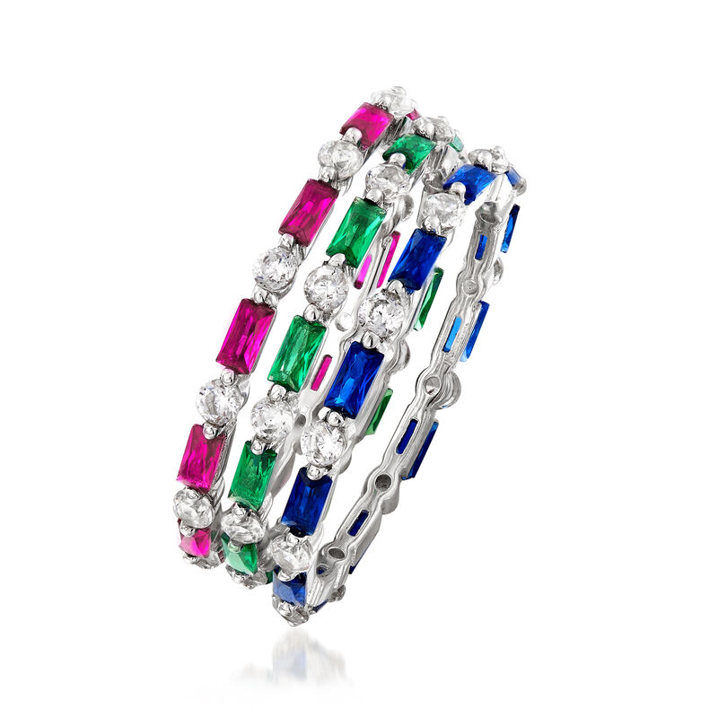 .90 ct. t.w. Multi-Gemstone and .80 ct. t.w. CZ Jewelry Set: Three Rings in Sterling Silver image number 2