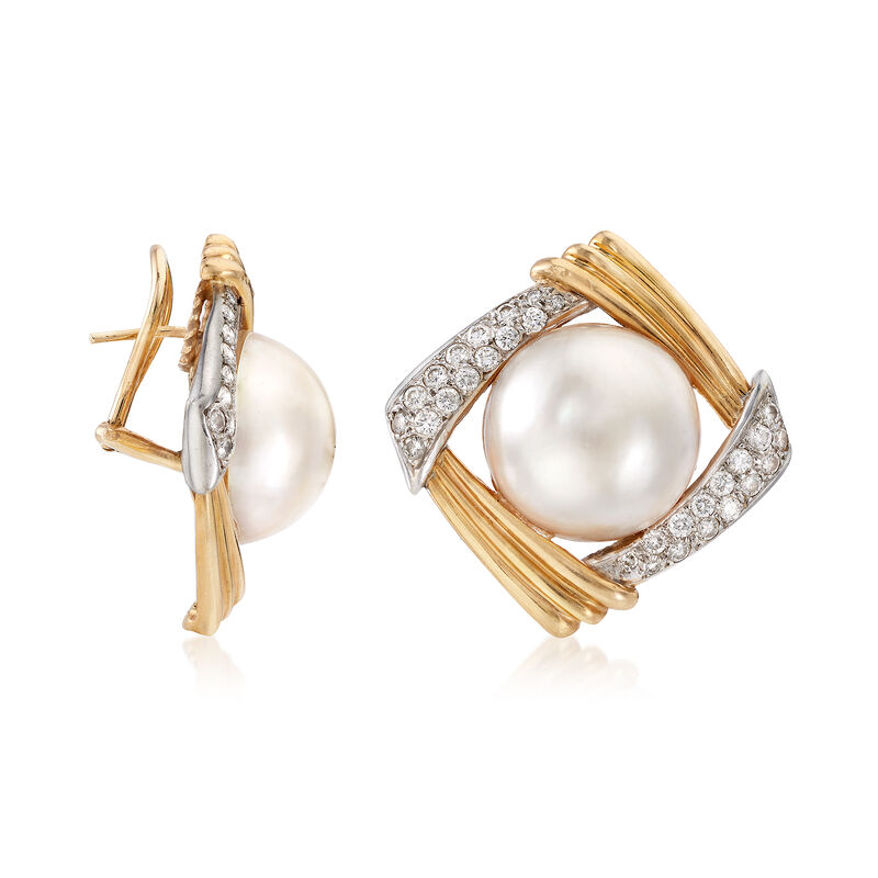 C. 1970 Vintage Mabe Pearl and 1.70 ct. t.w. Diamond Earrings in 14kt Yellow Gold image number 2