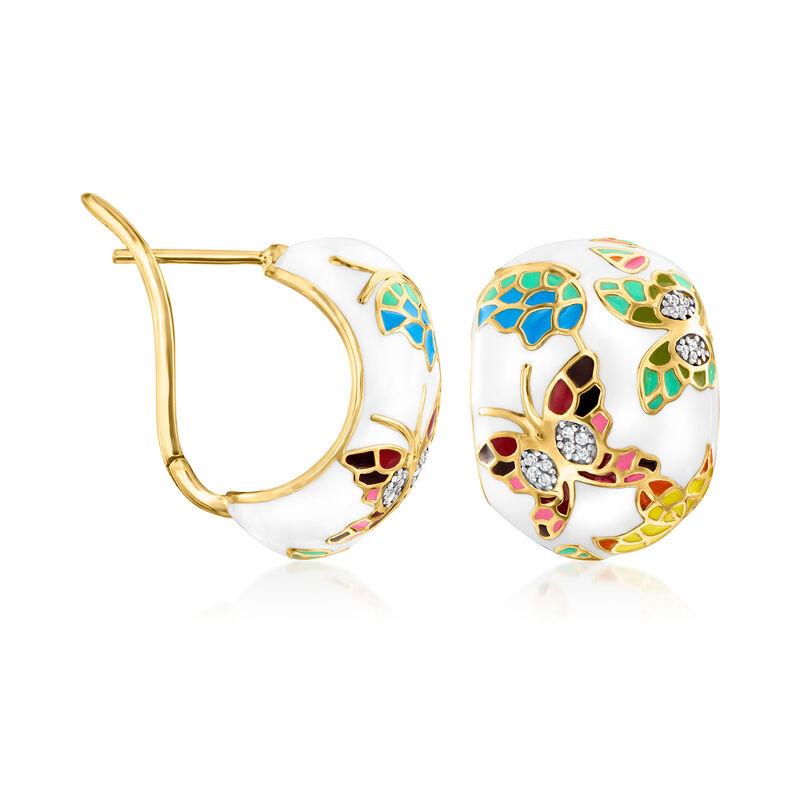 .60 ct. t.w. White Topaz and Multicolored Enamel Butterfly J-Hoop Earrings in 18kt Gold Over Sterling image number 1