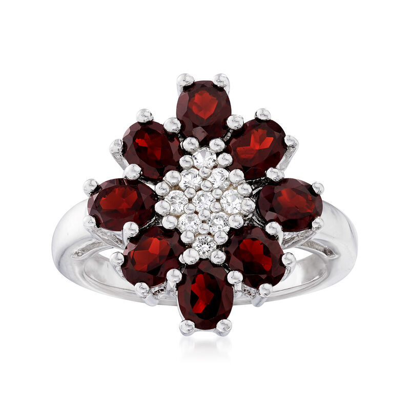 4.00 ct. t.w. Garnet and .30 ct. t.w. White Topaz Flower Ring in Sterling Silver image number 0