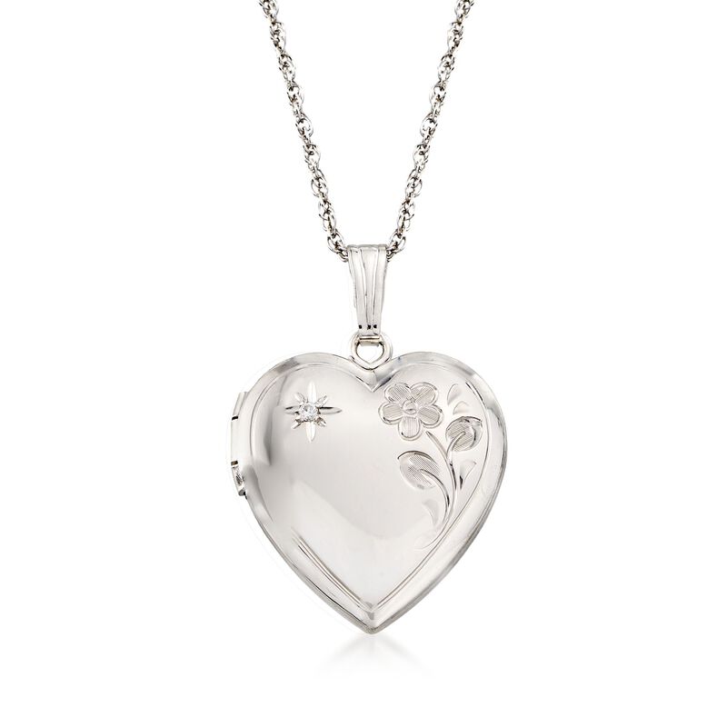 Sterling Silver Floral Heart Locket Necklace with Diamond Accent. 18&quot; image number 1