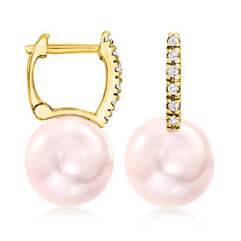 8-8.5mm Pink Cultured Pearl Huggie Hoop Drop Earrings with Diamonds in 14kt Yellow Gold. 1/2&quot; image number 3