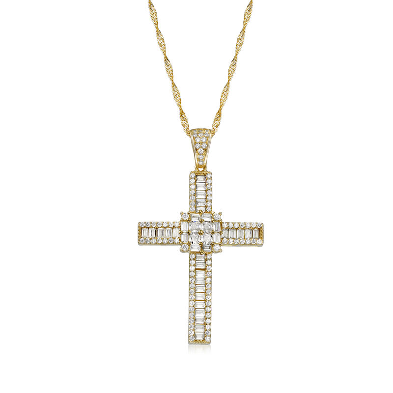 2.16 ct. t.w. CZ Cross Pendant in 18kt Gold Over Sterling. 18&quot; image number 1