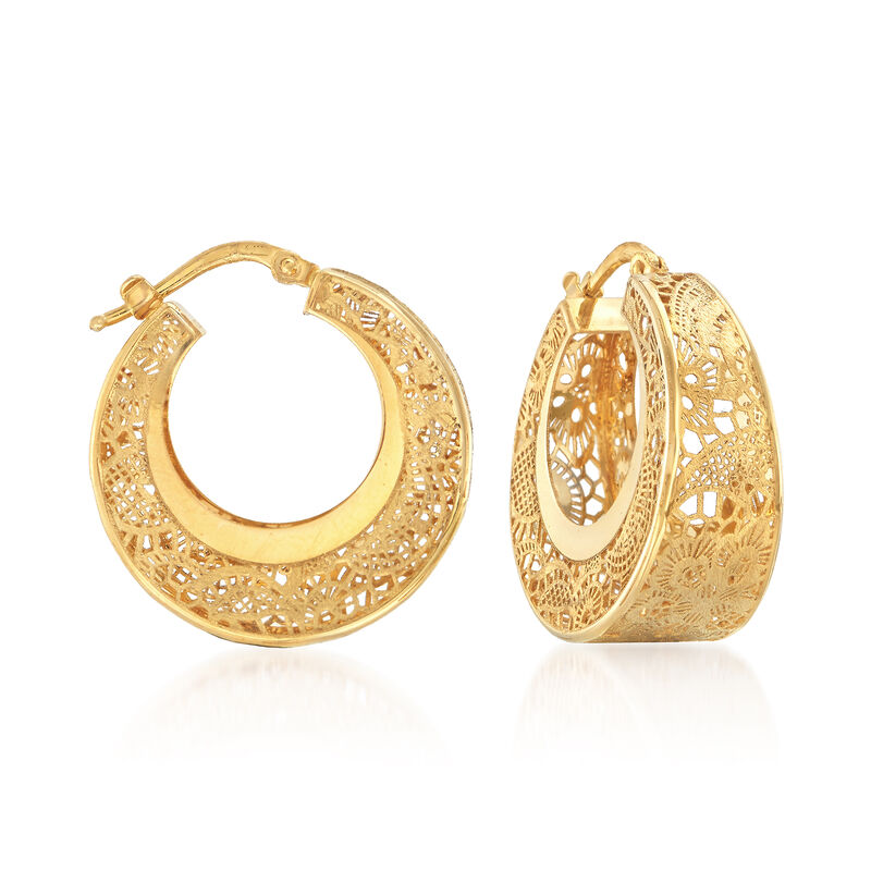 Italian 14kt Yellow Gold Floral Filigree Hoop Earrings image number 0