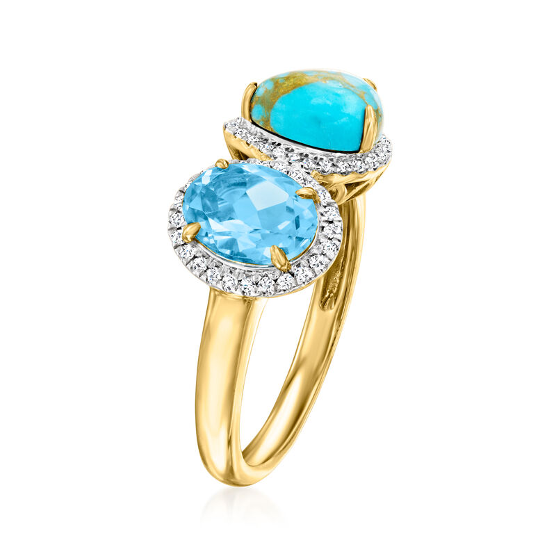 Turquoise and 1.40 Carat Swiss Blue Topaz Toi et Moi Ring with .15 ct. t.w. Diamonds in 14kt Yellow Gold image number 2