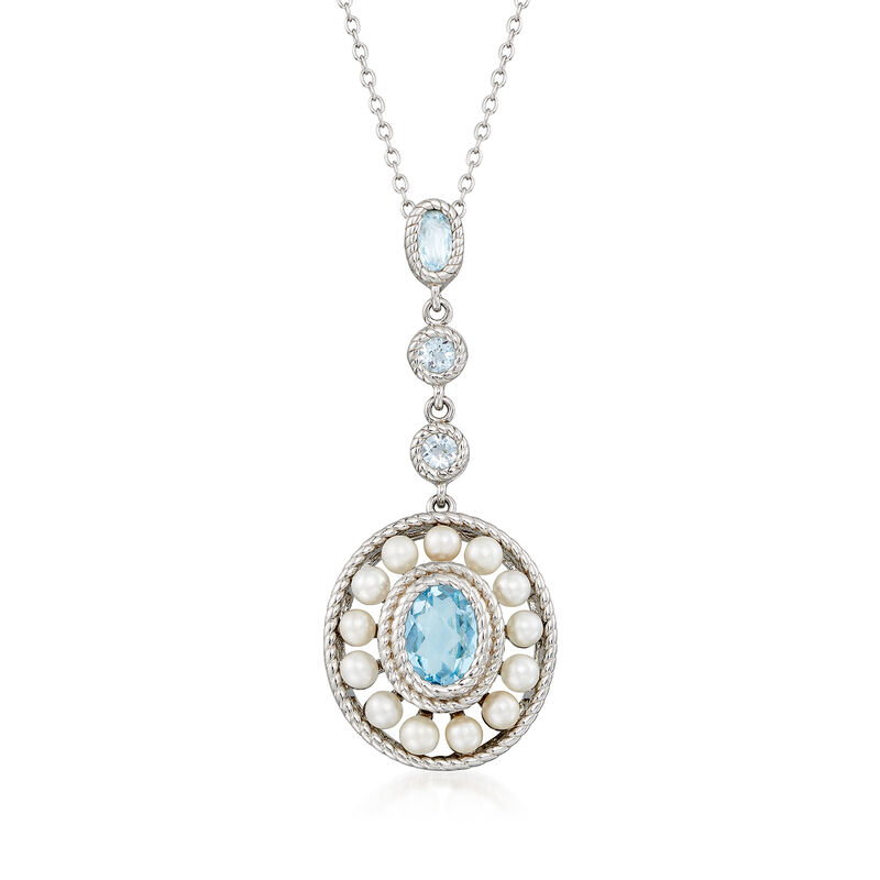 3mm Cultured Pearl and 2.00 ct. t.w. Blue Topaz Pendant Necklace in Sterling Silver. 16&quot; image number 1