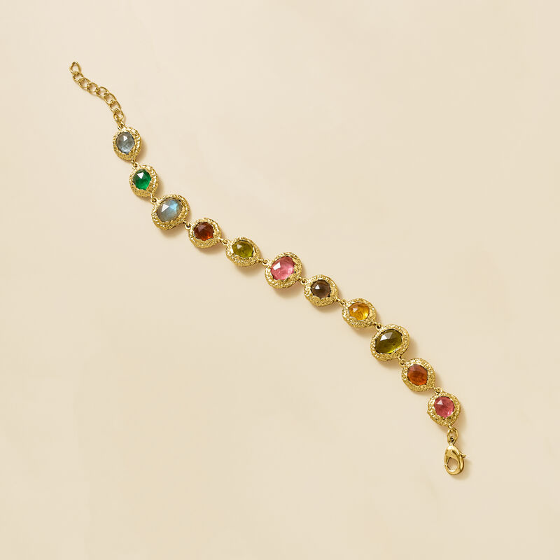 14kt Yellow Gold-Plated Bracelet with Natural and Simulated Multicolored Gemstones. 7" image number 3