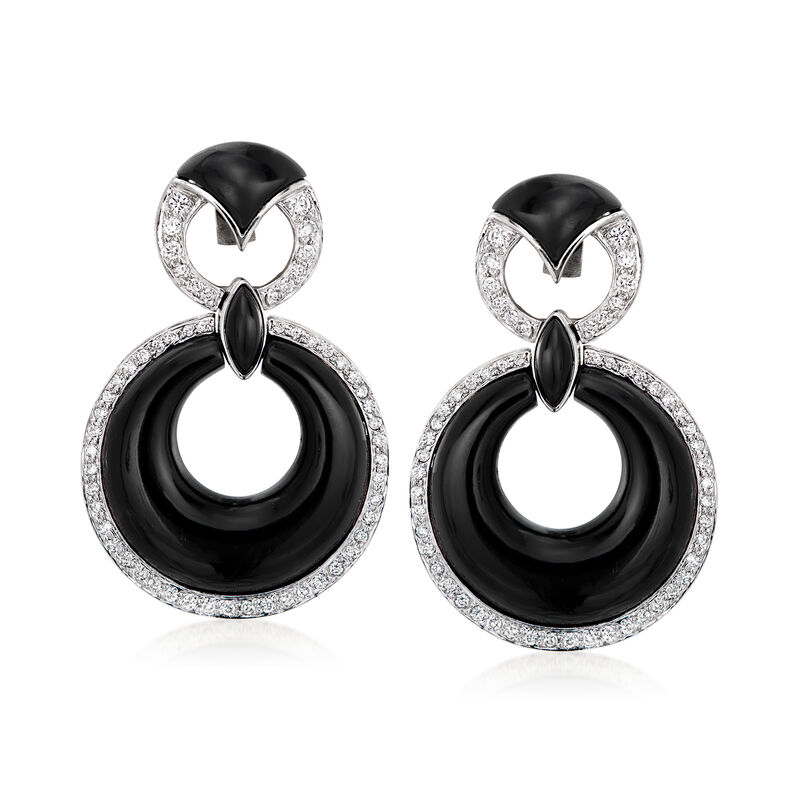 C. 1980 Vintage Onyx and 1.85 ct. t.w. Diamond Double-Drop Earrings in 18kt White Gold image number 0