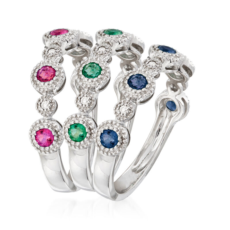 Diamond-Accented 1.10 ct. t.w. Multi-Gemstone Jewelry Set: Three Rings in 14kt White Gold image number 2