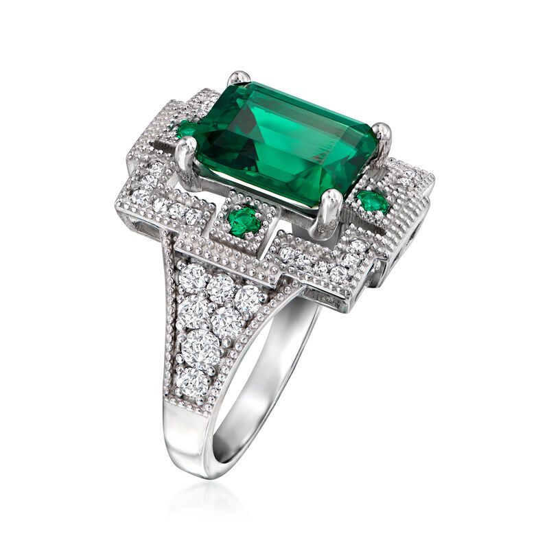4.30 ct. t.w. Simulated Emerald and .60 ct. t.w. CZ Ring in Sterling Silver image number 2