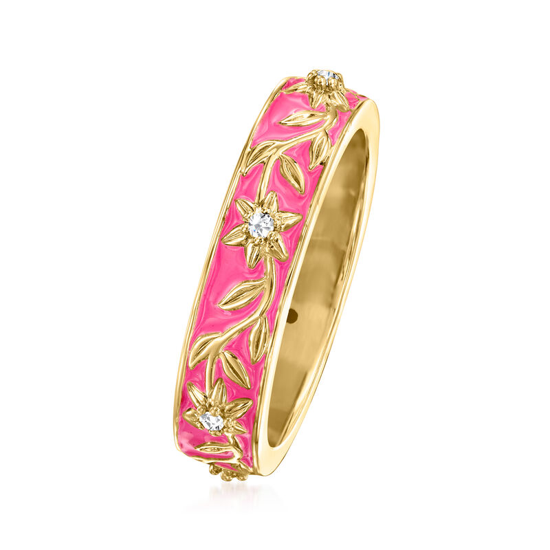 Pink Enamel Floral Ring with Diamonds in 18kt Gold Over Sterling image number 2