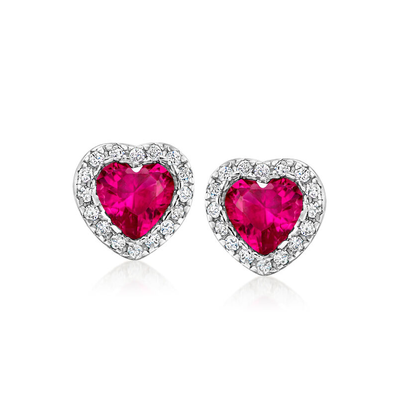 1.00 ct. t.w. Simulated Ruby Heart Earrings with .10 ct. t.w. CZs in Sterling Silver  image number 0