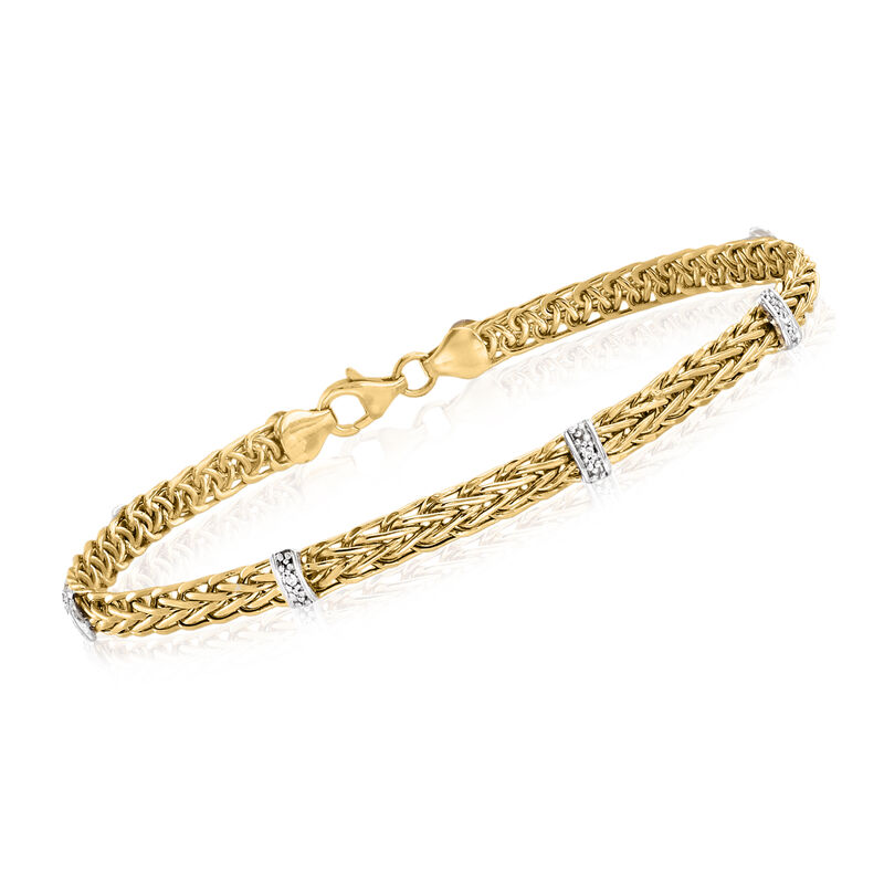 14kt Yellow Gold Wheat-Link Bracelet with Diamond Stations image number 0