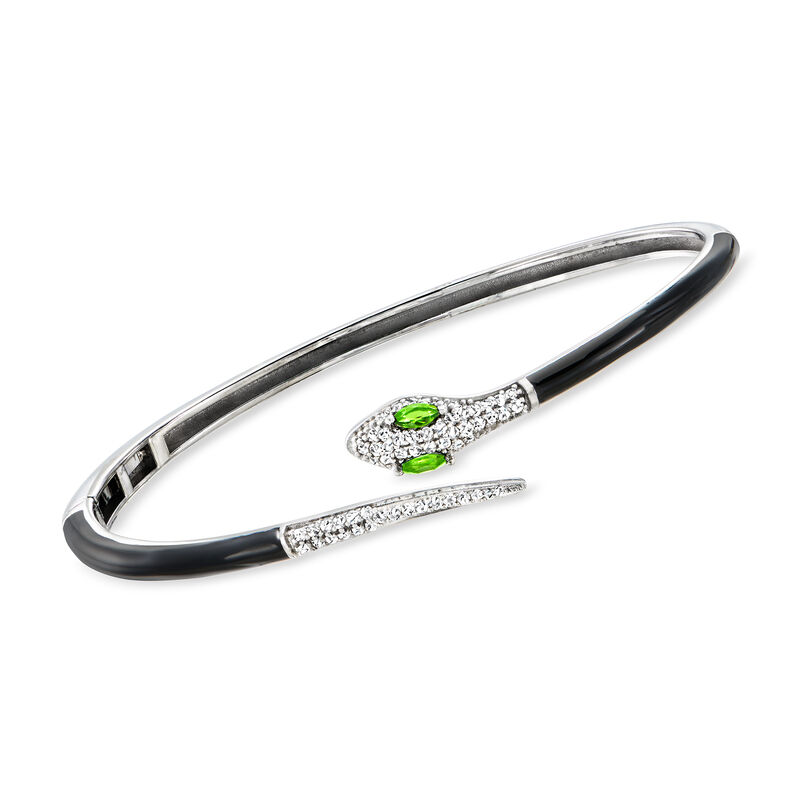 .60 ct. t.w. White Zircon and .10 ct. t.w. Chrome Diopside Snake Cuff Bracelet with Black Enamel in Sterling Silver. 7&quot; image number 0