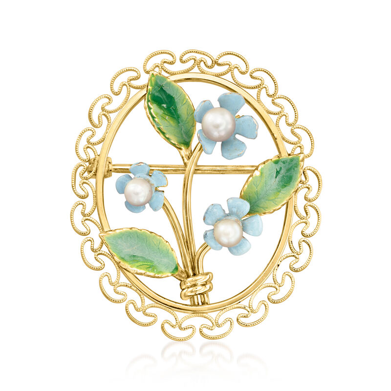 C. 1960 Vintage 3-3.5mm Cultured Pearl and Multicolored Enamel Flower Pin in 10kt Yellow Gold image number 0