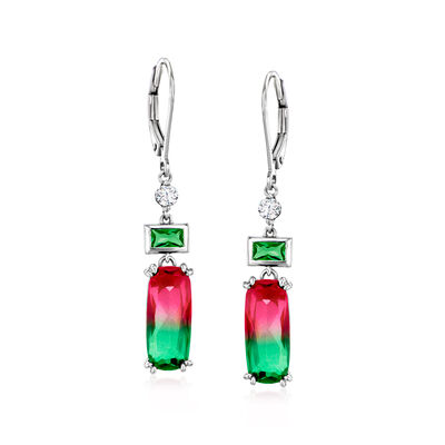 6.50 ct. t.w. Simulated Watermelon Tourmaline and .30 ct. t.w. Green Garnet Drop Earrings with .20 ct. t.w. CZs in Sterling Silver