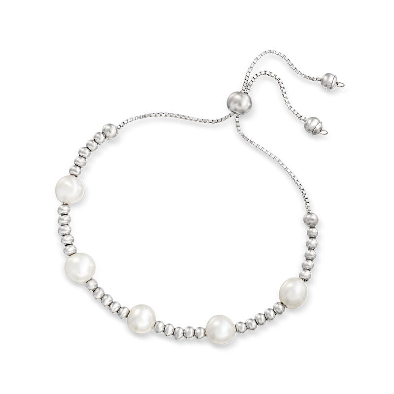 7-7.5mm Cultured Pearl and Sterling Silver Bead Station Bolo Bracelet image number 2