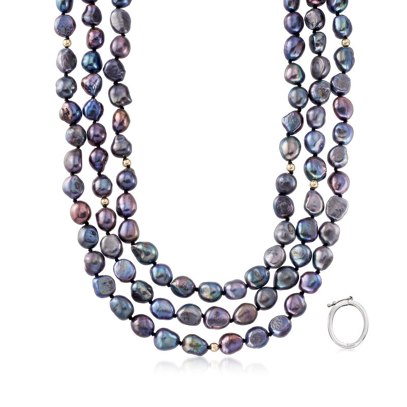 9.5-10.5mm Black Cultured Baroque Pearl Long Necklace in 14kt Yellow Gold with Necklace Shortener. 64&quot; image number 0