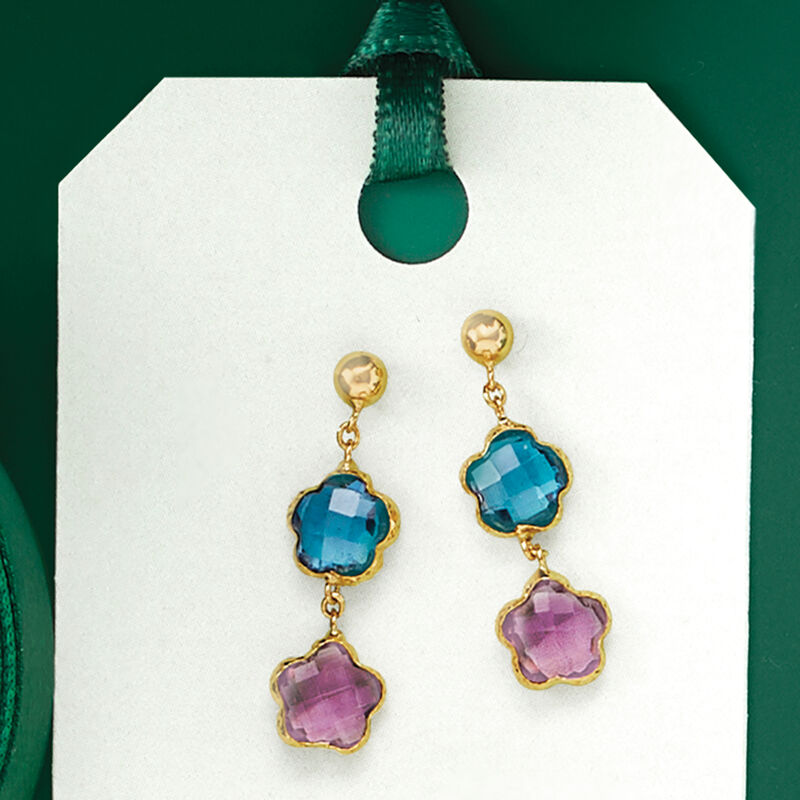 1.70 ct. t.w. London Blue Topaz and 1.50 ct. t.w. Amethyst Flower Drop Earrings in 14kt Yellow Gold image number 2