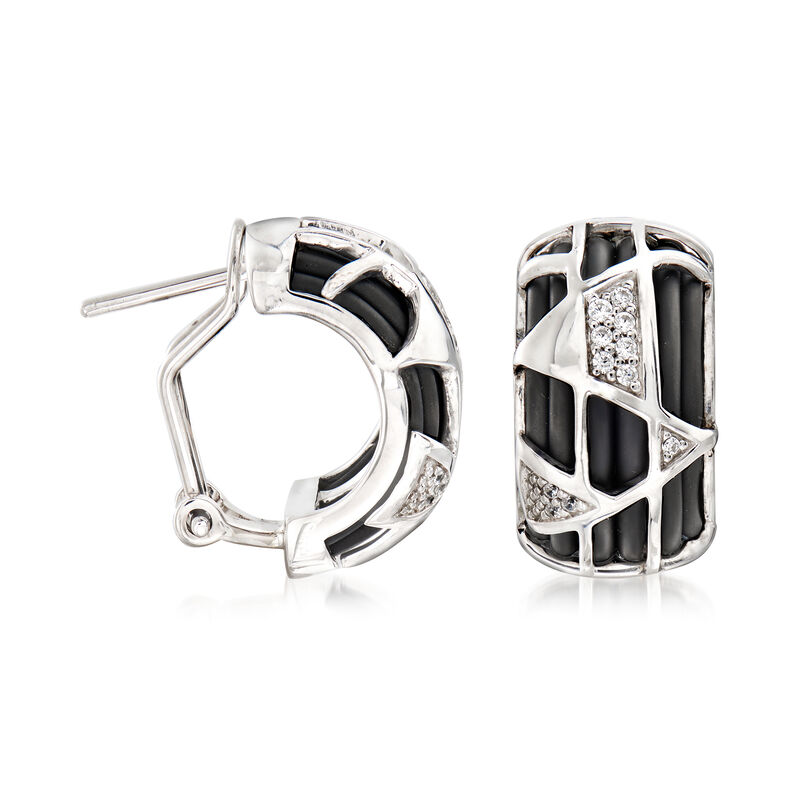 Belle Etoile &quot;Trilogy&quot; Black Rubber and .11 ct. t.w. CZ Hoop Earrings in Sterling Silver. 7/16&quot; image number 2