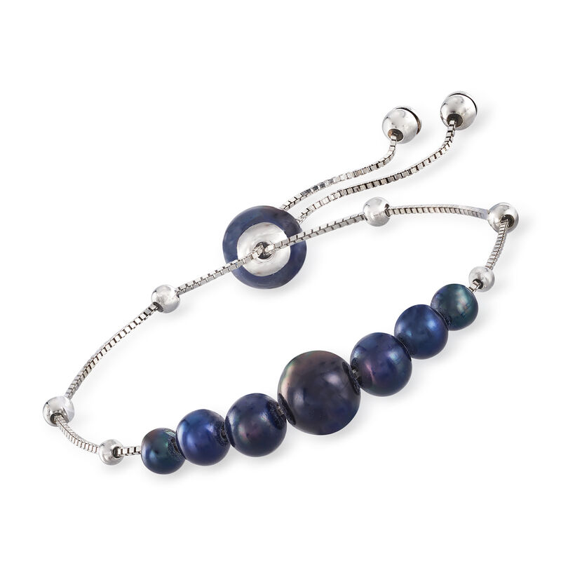4-9.5mm Graduated Cultured Black Pearl and Sterling Silver Bolo Bracelet  image number 0