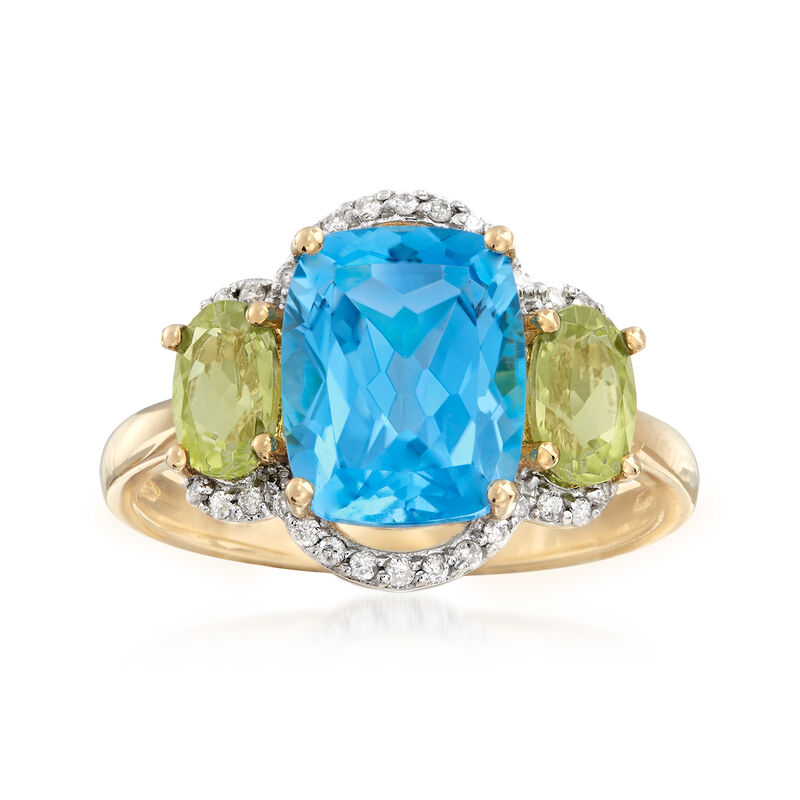 3.60 Carat Blue Topaz, .90 ct. t.w. Peridot and .11 ct. t.w. Diamond Ring in 14kt Yellow Gold image number 0