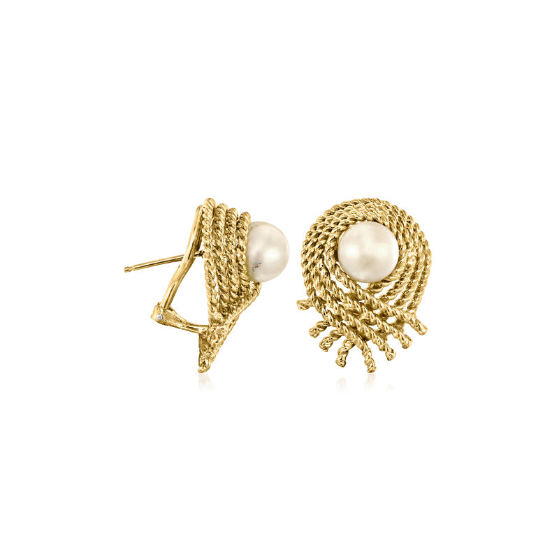 C. 1970 Vintage 8mm Cultured Pearl Roped-Edge Earrings in 18kt Yellow Gold image number 2