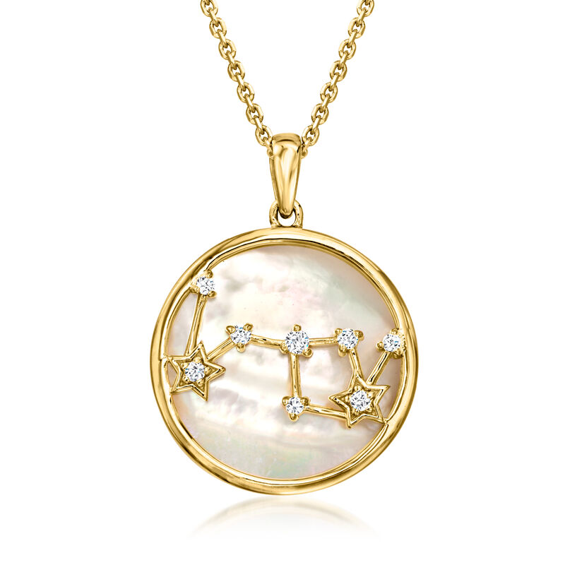 Pisces - Mother-of-Pearl Zodiac Constellation Pendant Necklace with White Topaz in 18kt Gold Over Sterling. 18" image number 0