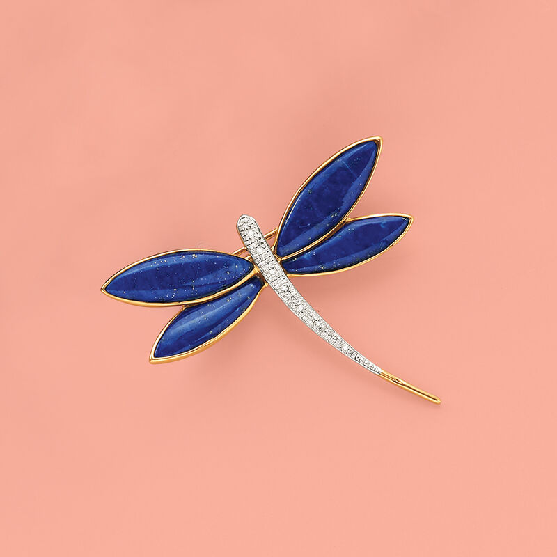 Lapis Dragonfly Pin with Diamond Accents in 14kt Yellow Gold image number 3