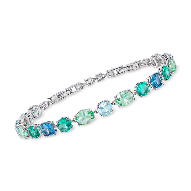 Rhodium-Plated Bracelet with Simulated Tonal Blue Gemstones and .80 ct. t.w. CZs. 7" image number 0