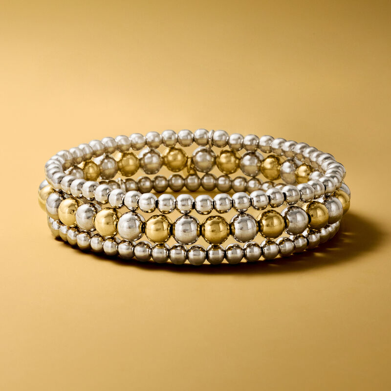 Italian Two-Tone Sterling Silver Jewelry Set: Three 4-6mm Bead Stretch Bracelets image number 3