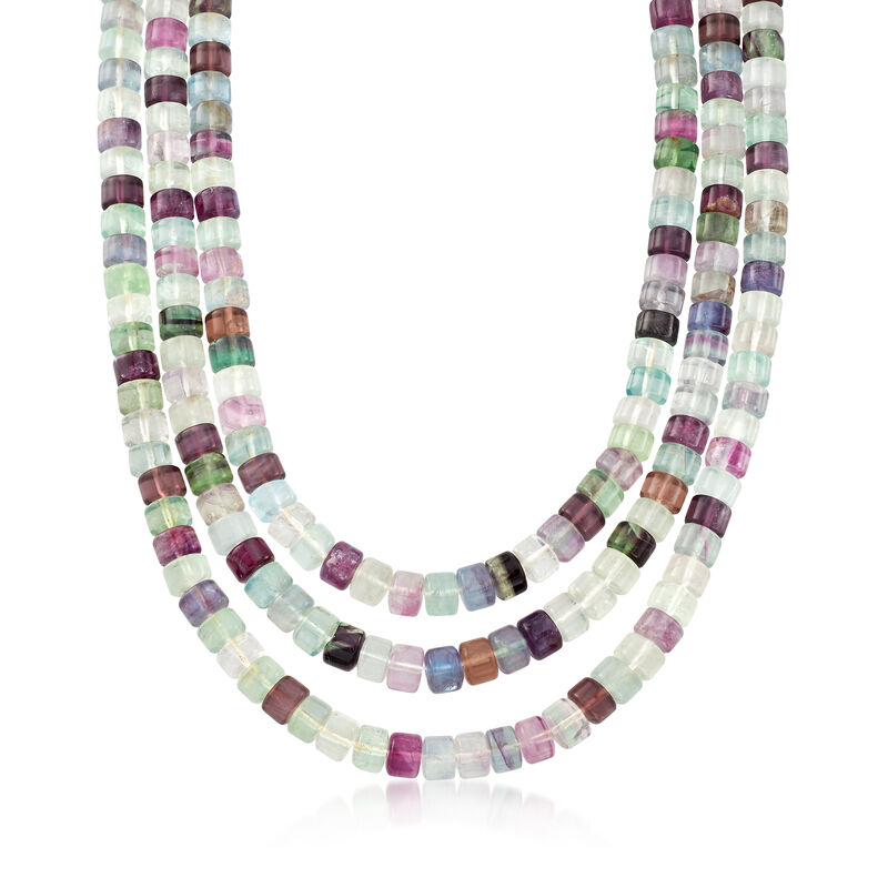 Multicolored Fluorite Three-Strand Bead Necklace with Sterling Silver image number 0