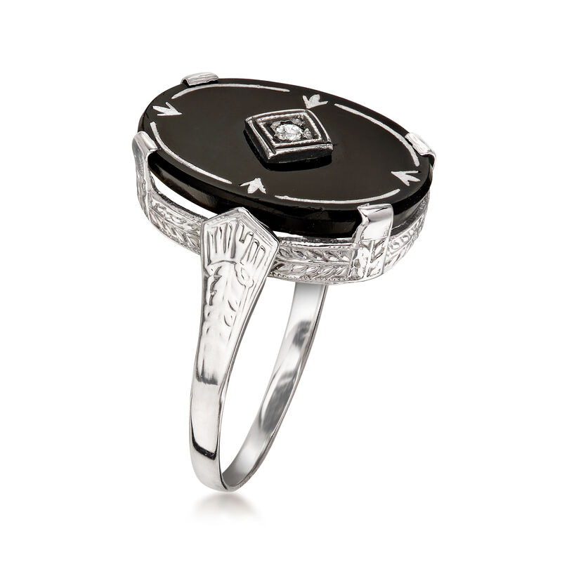 C. 1980 Vintage Onyx Ring with Single Diamond in 14kt White Gold. Size 6 image number 2
