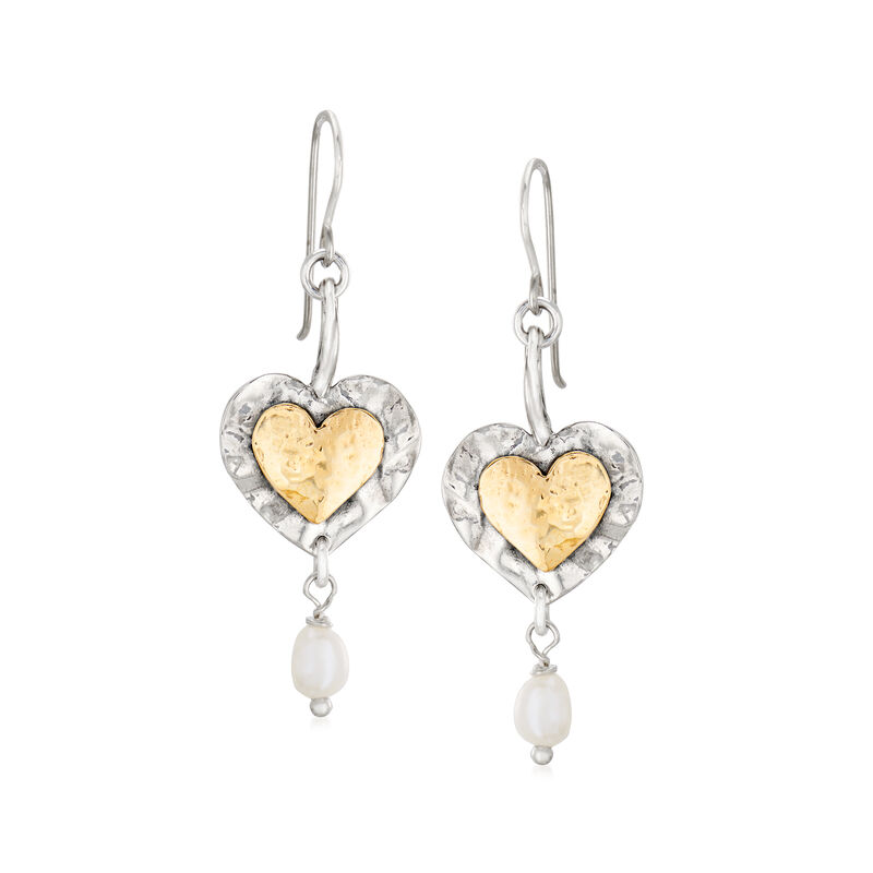 4.5-5mm Cultured Pearl Double-Heart Drop Earrings in Sterling Silver and 14kt Yellow Gold image number 0
