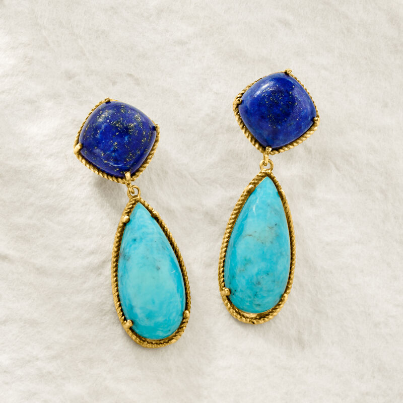 Lapis and Turquoise Drop Earrings in 18kt Gold Over Sterling image number 2
