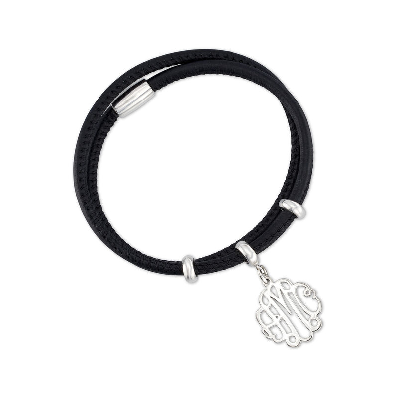Black Leather Double-Wrap Bracelet with Sterling Silver Personalized Monogram Charm image number 2