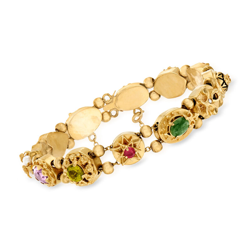 C. 1970 Vintage Cultured Pearl and 2.00 ct. t.w. Multi-Gemstone Bracelet in 14kt Yellow Gold. 7&quot; image number 0