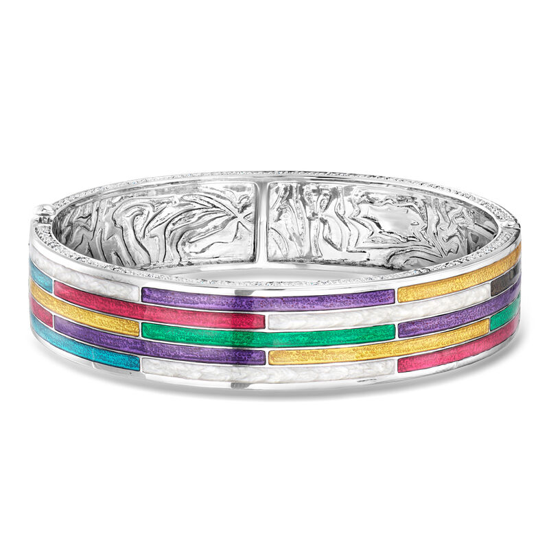 Belle Etoile "Strata" Multicolored Enamel and .50 ct. t.w. CZ Bangle Bracelet in Sterling Silver. 7" image number 0
