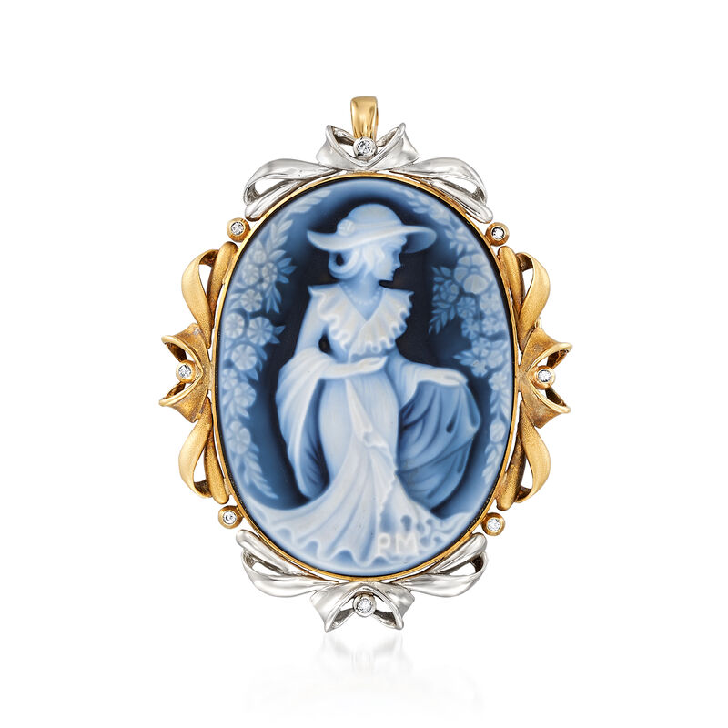 C. 1980 Vintage Blue Agate and .10 ct. t.w. Diamond Cameo Pin Pendant in 18kt Yellow Gold and Platinum image number 0