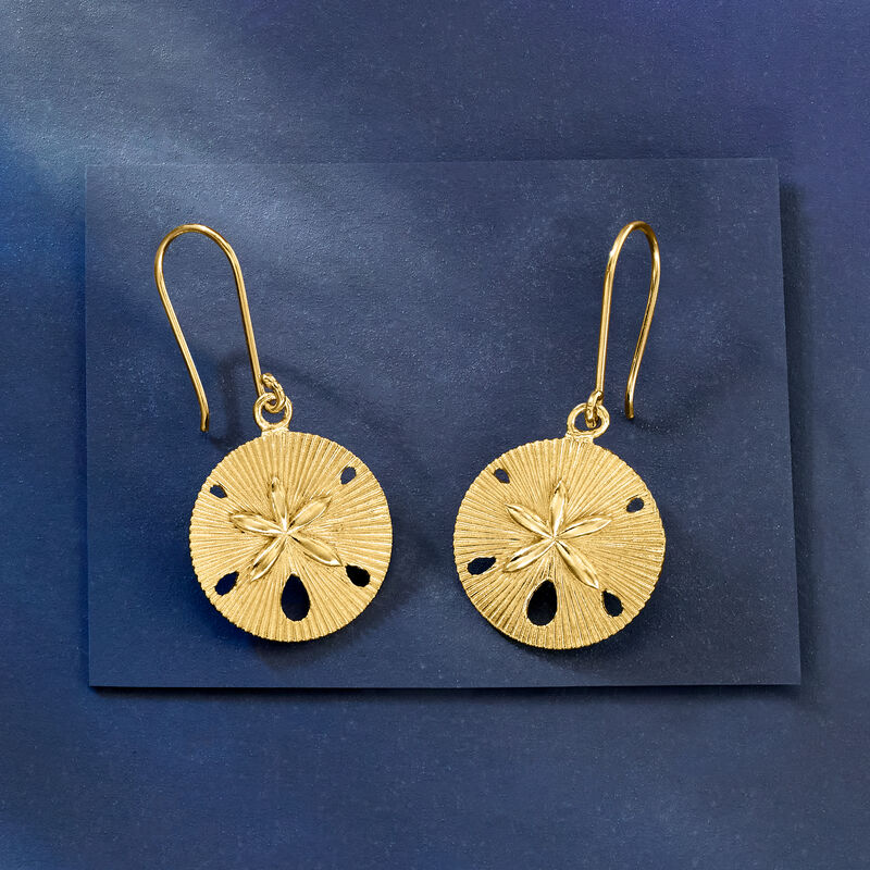 18kt Gold Over Sterling Textured and Polished Sand Dollar Drop Earrings image number 3