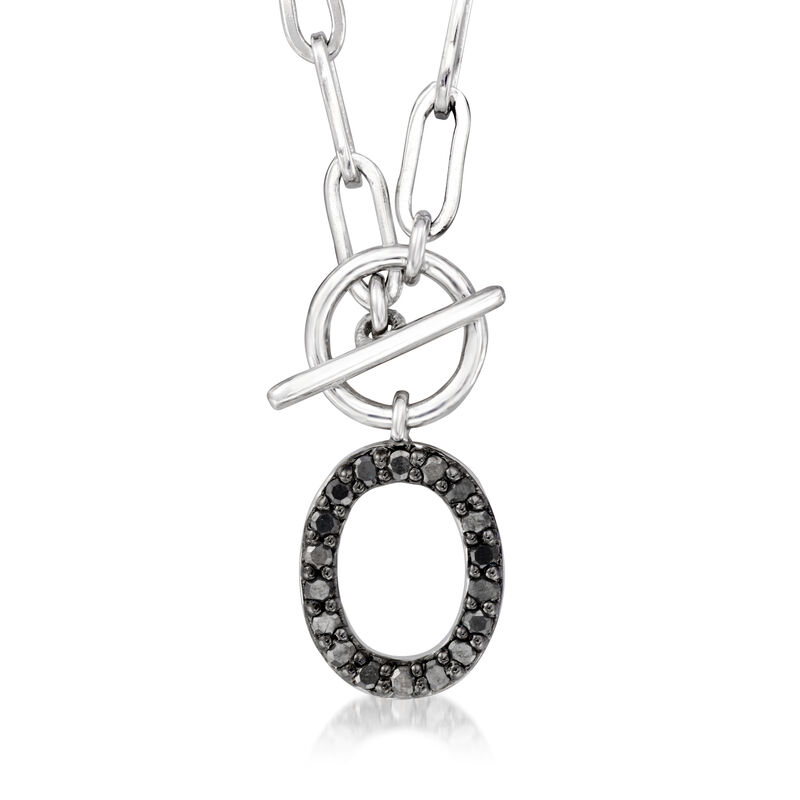 O - .10 ct. t.w. Black Diamond Initial Paper Clip Link Toggle Necklace in Sterling Silver. 16"   image number 0