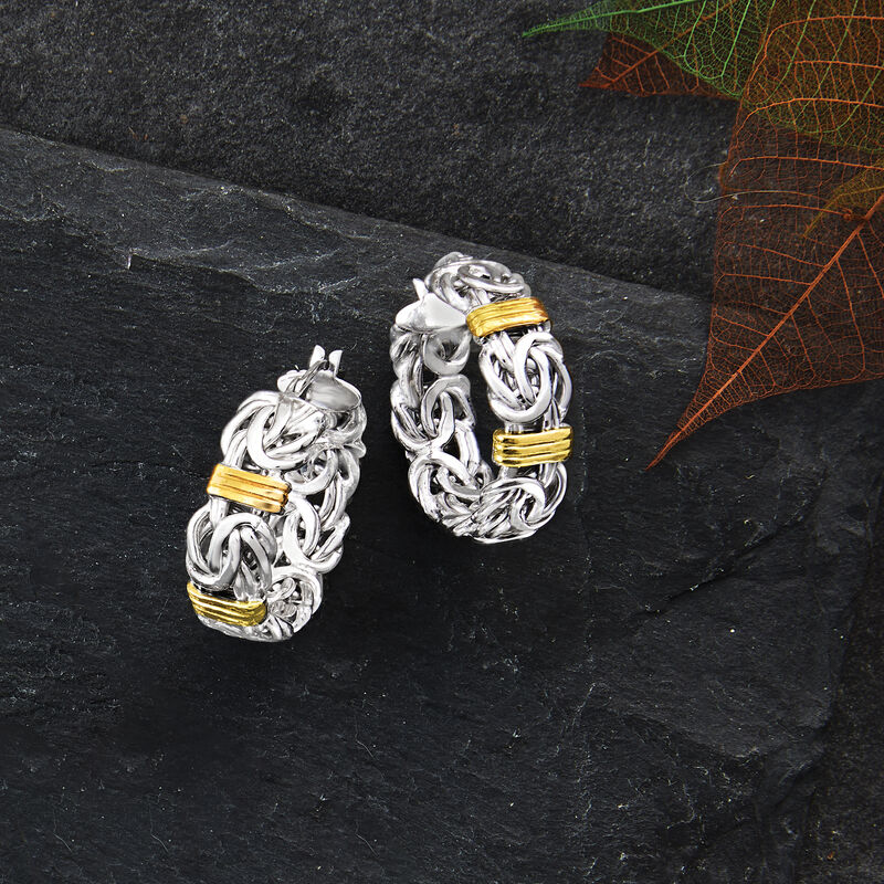 Sterling Silver and 14kt Yellow Gold Byzantine Station Hoop Earrings. 1 1/8&quot; image number 2